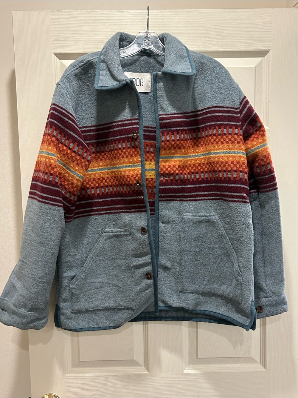 BDG Light Blue Fleece Jacket with Multicolor Stripe Yoke